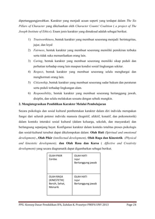 PPG: Konsep Dasar Pendidikan IPA, Zuhdan K. Prasetyo-FMIPA UNY 2013 Page 24
dipertanggungjawabkan. Karakter yang menjadi acuan seperti yang terdapat dalam The Six
Pillars of Character yang dikeluarkan oleh Character Counts! Coalition ( a project of The
Joseph Institute of Ethics). Enam jenis karakter yang dimaksud adalah sebagai berikut.
1) Trustworthiness, bentuk karakter yang membuat seseorang menjadi: berintegritas,
jujur, dan loyal
2) Fairness, bentuk karakter yang membuat seseorang memiliki pemikiran terbuka
serta tidak suka memanfaatkan orang lain.
3) Caring, bentuk karakter yang membuat seseorang memiliki sikap peduli dan
perhatian terhadap orang lain maupun kondisi sosial lingkungan sekitar.
4) Respect, bentuk karakter yang membuat seseorang selalu menghargai dan
menghormati orang lain.
5) Citizenship, bentuk karakter yang membuat seseorang sadar hukum dan peraturan
serta peduli terhadap lingkungan alam.
6) Responsibility, bentuk karakter yang membuat seseorang bertanggung jawab,
disiplin, dan selalu melakukan sesuatu dengan sebaik mungkin.
2. Mengintegrasikan Pendidikan Karakter Melalui Pembelajaran
Secara psikologis dan sosial kultural pembentukan karakter dalam diri individu merupakan
fungsi dari seluruh potensi individu manusia (kognitif, afektif, konatif, dan psikomotorik)
dalam konteks interaksi sosial kultural (dalam keluarga, sekolah, dan masyarakat) dan
berlangsung sepanjang hayat. Konfigurasi karakter dalam konteks totalitas proses psikologis
dan sosial-kultural tersebut dapat dikelompokan dalam: Olah Hati (Spiritual and emotional
development) , Olah Pikir (intellectual development), Olah Raga dan Kinestetik (Physical
and kinestetic development), dan Olah Rasa dan Karsa ( Affective and Creativity
development) yang secara diagramatik dapat digambarkan sebagai berikut.
OLAH PIKIR
Cerdas
OLAH HATI
Jujur
Bertanggung jawab
OLAH RAGA
(KINESTETIK)
Bersih, Sehat,
Menarik
OLAH HATI
Jujur
Bertanggung jawab
 