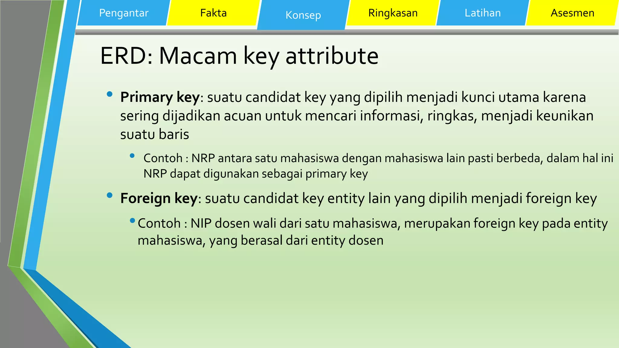 ERD: Macam key attribute
• Primary key: suatu candidat key yang dipilih menjadi kunci utama karena
sering dijadikan acuan untuk mencari informasi, ringkas, menjadi keunikan
suatu baris
• Contoh : NRP antara satu mahasiswa dengan mahasiswa lain pasti berbeda, dalam hal ini
NRP dapat digunakan sebagai primary key
• Foreign key: suatu candidat key entity lain yang dipilih menjadi foreign key
•Contoh : NIP dosen wali dari satu mahasiswa, merupakan foreign key pada entity
mahasiswa, yang berasal dari entity dosen
Pengantar Fakta Konsep Ringkasan Latihan Asesmen
 
