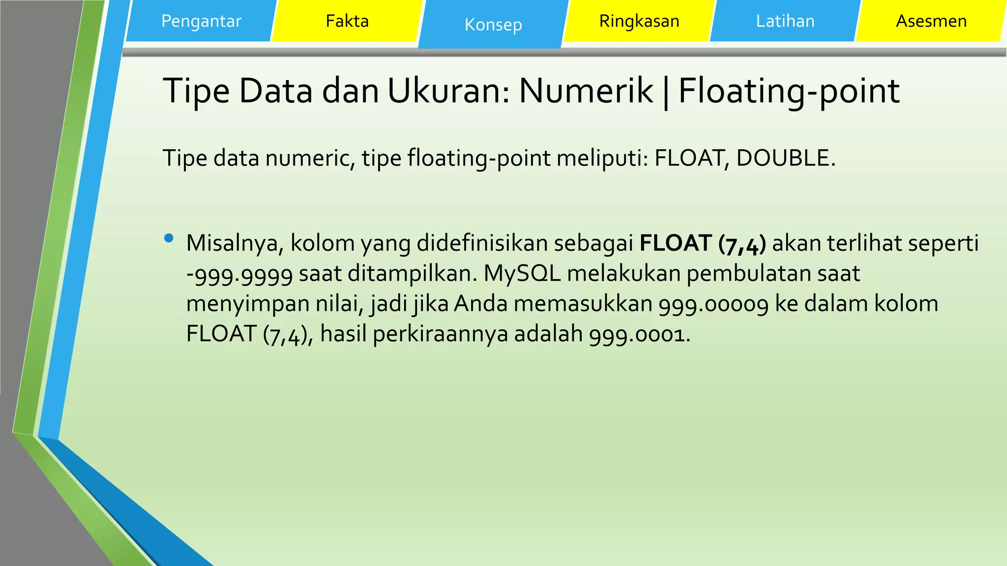 Tipe Data dan Ukuran: Numerik | Floating-point
Tipe data numeric, tipe floating-point meliputi: FLOAT, DOUBLE.
• Misalnya, kolom yang didefinisikan sebagai FLOAT (7,4) akan terlihat seperti
-999.9999 saat ditampilkan. MySQL melakukan pembulatan saat
menyimpan nilai, jadi jika Anda memasukkan 999.00009 ke dalam kolom
FLOAT (7,4), hasil perkiraannya adalah 999.0001.
Pengantar Fakta Konsep Ringkasan Latihan Asesmen
 