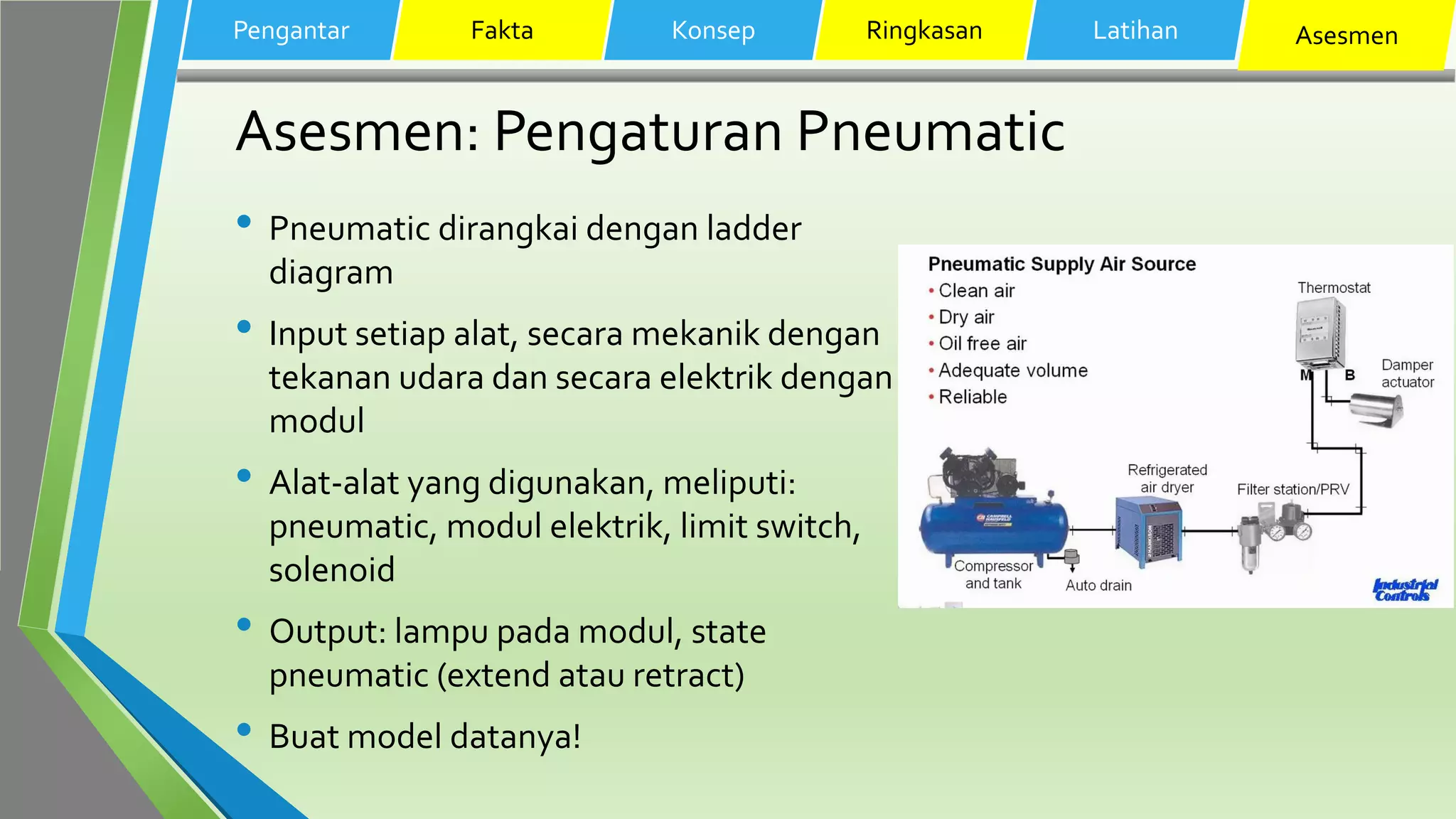 Asesmen: Pengaturan Pneumatic
• Pneumatic dirangkai dengan ladder
diagram
• Input setiap alat, secara mekanik dengan
tekanan udara dan secara elektrik dengan
modul
• Alat-alat yang digunakan, meliputi:
pneumatic, modul elektrik, limit switch,
solenoid
• Output: lampu pada modul, state
pneumatic (extend atau retract)
• Buat model datanya!
Pengantar Fakta Konsep Ringkasan Latihan Asesmen
 