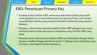 ERD: Penentuan Primary Key
• Di setiap entity di dalam ERD, seharusnya ada atribut (field) yang dipilih
untuk dijadikan kunci utama atribut (primary key/ key field), yaitu atribut
yang dijadikan identity yang menjamin keunikan (tidak ada yang sama) isi
datanya.
• Misalkan, untuk entity mahasiswa dipilih atribut NRP sebagai kunci utama
atributnya karena tidak ada satupun mahasiswa yang memiliki NRP yang
sama.
• Penulisan kunci utama atribut didalam ERD harus dibedakan dengan atribut
lainnya, misalkan dengan pemberian tanda ‘*’ didepan nama atributnya, atau
icon kunci, atau digaris bawahi atributnya.
Pengantar Fakta Konsep Ringkasan Latihan Asesmen
 