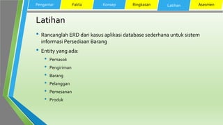 Latihan
• Rancanglah ERD dari kasus aplikasi database sederhana untuk sistem
informasi Persediaan Barang
• Entity yang ada:
• Pemasok
• Pengiriman
• Barang
• Pelanggan
• Pemesanan
• Produk
Pengantar Fakta Konsep Ringkasan Latihan Asesmen
 