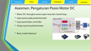 Asesmen: Pengaturan Posisi Motor DC
• Motor DC dirangkai secara open loop dan closed loop.
• Input posisi pada potentiometer
• Input parameter controller
• Output posisi potentiometer
• Buat model datanya!
Pengantar Fakta Konsep Ringkasan Latihan Asesmen
 