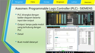 Asesmen: Programmable Logic Controller (PLC) - SIEMENS
• PLC dirangkai dengan
ladder diagram beserta
input dan output
• Output: lampu pada modul
yang terhubung dengan
PLC
• Detail
• Buat model datanya!
Pengantar Fakta Konsep Ringkasan Latihan Asesmen
Siemens-S7-300
 