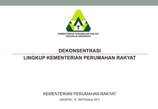 KEMENTERIAN PERUMAHAN RAKYAT
JAKARTA, 14 SEPTember 2011
DEKONSENTRASI
LINGKUP KEMENTERIAN PERUMAHAN RAKYAT
 