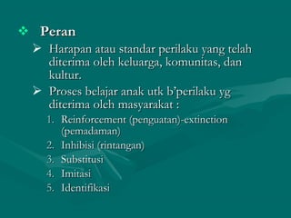  PeranPeran
 Harapan atau standar perilaku yang telahHarapan atau standar perilaku yang telah
diterima oleh keluarga, komunitas, danditerima oleh keluarga, komunitas, dan
kultur.kultur.
 Proses belajar anak utk b’perilaku ygProses belajar anak utk b’perilaku yg
diterima oleh masyarakat :diterima oleh masyarakat :
1.1. Reinforcement (penguatan)-extinctionReinforcement (penguatan)-extinction
(pemadaman)(pemadaman)
2.2. Inhibisi (rintangan)Inhibisi (rintangan)
3.3. SubstitusiSubstitusi
4.4. ImitasiImitasi
5.5. IdentifikasiIdentifikasi
 
