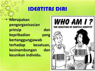 IDENTITAS DIRI
• Merupakan
pengorganisasian
prinsip dan
kepribadian yang
bertanggungjawab
terhadap kesatuan,
kesinambungan dan
keunikan individu.
 