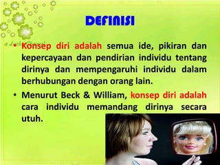 DEFINISI
• Konsep diri adalah semua ide, pikiran dan
kepercayaan dan pendirian individu tentang
dirinya dan mempengaruhi individu dalam
berhubungan dengan orang lain.
• Menurut Beck & William, konsep diri adalah
cara individu memandang dirinya secara
utuh.
 