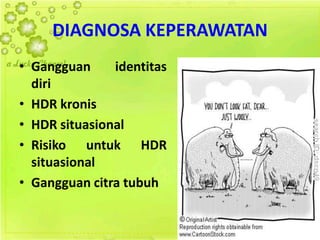 DIAGNOSA KEPERAWATAN
• Gangguan identitas
diri
• HDR kronis
• HDR situasional
• Risiko untuk HDR
situasional
• Gangguan citra tubuh
 