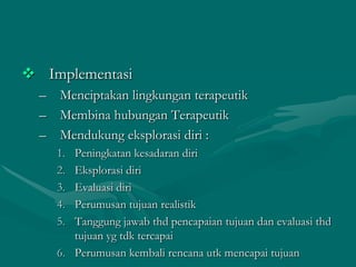  Implementasi
–
–
–

Menciptakan lingkungan terapeutik
Membina hubungan Terapeutik
Mendukung eksplorasi diri :
1.
2.
3.
4.
5.

Peningkatan kesadaran diri
Eksplorasi diri
Evaluasi diri
Perumusan tujuan realistik
Tanggung jawab thd pencapaian tujuan dan evaluasi thd
tujuan yg tdk tercapai
6. Perumusan kembali rencana utk mencapai tujuan

 