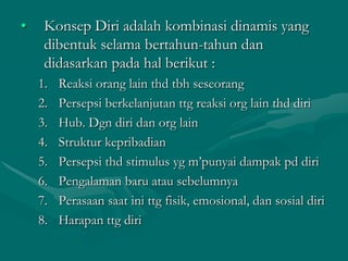 •

Konsep Diri adalah kombinasi dinamis yang
dibentuk selama bertahun-tahun dan
didasarkan pada hal berikut :
1.
2.
3.
4.
5.
6.
7.
8.

Reaksi orang lain thd tbh seseorang
Persepsi berkelanjutan ttg reaksi org lain thd diri
Hub. Dgn diri dan org lain
Struktur kepribadian
Persepsi thd stimulus yg m’punyai dampak pd diri
Pengalaman baru atau sebelumnya
Perasaan saat ini ttg fisik, emosional, dan sosial diri
Harapan ttg diri

 
