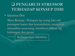  PENGARUH STRESSOR
TERHADAP KONSEP DIRI
 Identitas Diri
Masa Remaja : Harapan ttg orang lain utk
persiapan karier dan kemandirian, mengatasi
seksualitas seseorang, membuat pilihan ttg
hubungan dan peran
Kebingungan Identitas

 