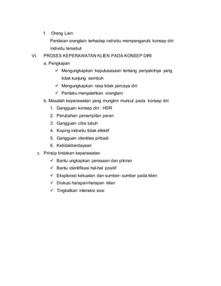 f. Orang Lain
Penilaian oranglain terhadap individu mempengaruhi konsep diri
individu tersebut
VI. PROSES KEPERAWATAN KLIEN PADA KONSEP DIRI
a. Pengkajian
 Mengungkapkan keputusasaan tentang penyakitnya yang
tidak kunjung sembuh
 Mengungkapkan rasa tidak percaya diri
 Perilaku menyalahkan oranglain
b. Masalah keperawatan yang mungkin muncul pada konsep diri
1. Gangguan konsep diri : HDR
2. Perubahan penampilan peran
3. Gangguan citra tubuh
4. Koping individu tidak efektif
5. Gangguan identitas pribadi
6. Ketidakberdayaan
c. Prinsip tindakan keperawatan
 Bantu ungkapkan perasaan dan pikiran
 Bantu identifikasi hal-hal positif
 Eksplorasi kekuatan dan sumber- sumber pada klien
 Diskusi harapan-harapan klien
 Tingkatkan interaksi sosi
 