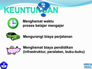 Menghemat waktu
proses belajar mengajar
Mengurangi biaya perjalanan
Menghemat biaya pendidikan
(infrastruktur, peralatan, buku-buku)
 