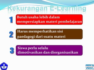 Butuh usaha lebih dalam
mempersiapkan materi pembelajaran
Siswa perlu selalu
dimotivasikan dan diorganisasikan
Harus memperhatikan sisi
paedagogi dari suatu materi
 