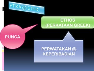 ETHOS
         (PERKATAAN GREEK)

PUNCA

        PERWATAKAN @
        KEPERIBADIAN
 