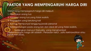 FAKTOR YANG MEMPENGARUHI HARGA DIRI
Faktor yang mempegaruhi harga diri meliputi
1. Penolakan orang tua
2. Harapan orang tua yang tidak realistis
3. Kegagalan yang berulang kali
4. Kurang mempunyai tanggung jawab personal
5. Ketergantungan pada orang lain dan ideal diri yang tidak realistis.
Sedangkan menurut Dariuszky, yang menghambat
perkembangan harga diri adalah : Perasaan takut , yaitu kekhawatiran atau
ketakutan (fear).
 