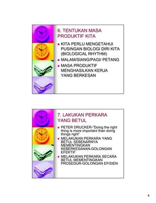 6. TENTUKAN MASA
PRODUKTIF KITA
 KITA PERLU MENGETAHUI
 PUSINGAN BIOLOGI DIRI KITA
 (BIOLOGICAL RHYTHM)
 MALAM/SIANG/PAGI/ PETANG
 MASA PRODUKTIF
 MENGHASILKAN KERJA
 YANG BERKESAN




7. LAKUKAN PERKARA
YANG BETUL
 PETER DRUCKER-”Doing the right
 thing is more important than doing
 things right”
 MELAKUKAN PERKARA YANG
 BETUL SEBENARNYA
 MEMENTINGKAN
 KEBERKESANAN-GOLONGAN
 EFEKTIF
 MELAKUKAN PERKARA SECARA
 BETUL MEMENTINGKAN
 PROSEDUR-GOLONGAN EFISIEN




                                      4
 