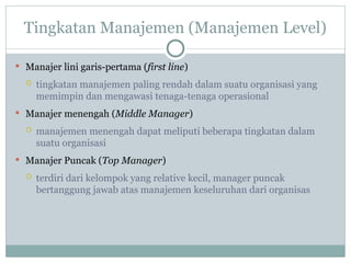 Tingkatan Manajemen (Manajemen Level)
 Manajer lini garis-pertama (first line)
 tingkatan manajemen paling rendah dalam suatu organisasi yang
memimpin dan mengawasi tenaga-tenaga operasional
 Manajer menengah (Middle Manager)
 manajemen menengah dapat meliputi beberapa tingkatan dalam
suatu organisasi
 Manajer Puncak (Top Manager)
 terdiri dari kelompok yang relative kecil, manager puncak
bertanggung jawab atas manajemen keseluruhan dari organisas
 