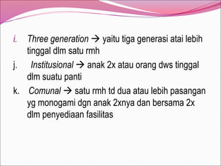 i. Three generation  yaitu tiga generasi atai lebih
tinggal dlm satu rmh
j. Institusional  anak 2x atau orang dws tinggal
dlm suatu panti
k. Comunal  satu rmh td dua atau lebih pasangan
yg monogami dgn anak 2xnya dan bersama 2x
dlm penyediaan fasilitas
 