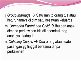 l. Group Marriage  Satu rmh td orang tua atau
keturunannya di dlm satu kesatuan keluarga
m. Unmaried Parent and Child  ibu dan anak
dimana perkawinan tdk dikehendaki shg
anaknya diadopsi
n. Cohibing Coople  Dua orang atau suatu
pasangan yg tinggal bersama tanpa
perkawinan
 