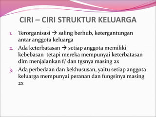 CIRI – CIRI STRUKTUR KELUARGA
1. Terorganisasi  saling berhub, ketergantungan
antar anggota keluarga
2. Ada keterbatasan  setiap anggota memiliki
kebebasan tetapi mereka mempunyai keterbatasan
dlm menjalankan f/ dan tgsnya masing 2x
3. Ada perbedaan dan kekhususan, yaitu setiap anggota
keluarga mempunyai peranan dan fungsinya masing
2x
 