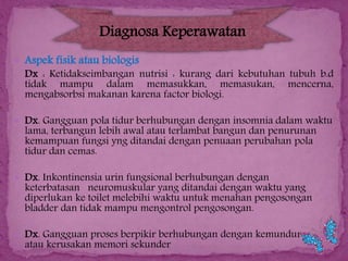 Diagnosa Keperawatan
 Aspek fisik atau biologis

Dx : Ketidakseimbangan nutrisi : kurang dari kebutuhan tubuh b.d
tidak mampu dalam memasukkan, memasukan, mencerna,
mengabsorbsi makanan karena factor biologi.

 Dx. Gangguan pola tidur berhubungan dengan insomnia dalam waktu

lama, terbangun lebih awal atau terlambat bangun dan penurunan
kemampuan fungsi yng ditandai dengan penuaan perubahan pola
tidur dan cemas.

 Dx. Inkontinensia urin fungsional berhubungan dengan

keterbatasan neuromuskular yang ditandai dengan waktu yang
diperlukan ke toilet melebihi waktu untuk menahan pengosongan
bladder dan tidak mampu mengontrol pengosongan.

 Dx. Gangguan proses berpikir berhubungan dengan kemunduran

atau kerusakan memori sekunder

 