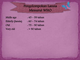 Pengelompokan Lansia
Menurut WHO
 Midle age

 Elderly (lansia)
 Old

 Very old

: 45 – 59 tahun
: 60 – 74 tahun
: 75 – 90 tahun
: > 90 tahun

 