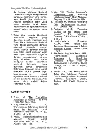 Konsepsi dan Tolok Ukur Ketahanan Regional
Jurnal Sosioteknologi Edisi 7 Tahun 5, April 2006 53
dari konsep Ketahanan Nasional
Lemhannas dengan mengeliminasi
parameter-parameter yang berpo-
tensi konflik jika diselaraskan.
Adapun pemberian bobot yang
besar terhadap aspek kaotik
adalah ditujukan agar ASEAN lebih
proaktif dalam pencapaian daya
saing.
6. Tolok Ukur beserta Klasifikasi
Ketahanan Regional yang
diusulkan adalah modifikasi dari
Tolok Ukur Ketahanan Nasional
yang dibuat Lemhannas dengan
eliminasi parameter sumber
konflik. Namun demikian korelasi
linier tetap dapat dilakukan agar
hasil kajian Ketahanan Regional
dengan menggunakan konsep
yang diusulkan tetap dapat
mengukur kondisi Ketahanan
Nasional Indonesia. Juga
diusulkan bahwa pengukuran
Ketahanan Regional harus dapat
dilakukan secara periodik agar
kecenderungannya dapat
digunakan untuk analisis antisipasi
proaktif dan kemandirian ASEAN di
masa datang melalui kajian
Parameter Kaotik.
DAFTAR PUSTAKA
1. Porter, M, “The Competitive
Advantage of Nations”, The Free
Press, New York, 1990.
2. Suryohadikusumo, S,
“Perencanaan Ketahanan Nasional
dalam Era Reformasi”, Jurnal
Ketahanan Nasional, No. IV (!),
April 99, hal 1 – 19.
3. Jacob, T, “Ketahanan Nasional dan
Milenium Ketiga”, Jurnal
Ketahanan Nasional, No, IV(1),
April 99, hal 211-30.
4. Wie, T.K, “Raising Indonesia’s
Competitive Ness”, Prosiding
Lokakarya Dewan Riset Nasional,
Serpong, 11 – 14 Desember 1996.
5. Pengestu, M, “Mencari Paradigma
Baru Pembangunan Indonesia”
CSIS, Jakarta 1997.
6. Paribatra, M.K.R, “Preparing
ASEAN for the Twenty First
Century”, The Indonesian
Quarterly, CSIS, Volume XXVI No.
3 hal 2-8
7. Hardjosoedarmo, Soewarso
RADM, 1991, “Asean dan
Tantangan Keamanannya di Tahun
Sembilan Puluhan”, Telstra, Maret
– April.
8. The Technology Atlas Tema, 1987,
“Technological Capabilities
Assesment in Developing
Countries”, Special Issue of
Technological Forecasting Social
Change, Vol. 32, No. 1 August,
118 hal.
9. Munaf, D. R., 1999, “Konsepsi dan
Tolok Ukur Ketahanan Regional
Dalam Mengantisipasi Akselerasi
Dinamika Paradigma Global”,
Taskap KRA XXXII, November
1999.
 