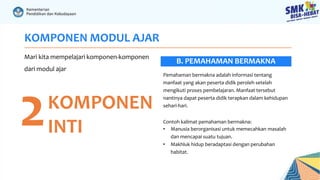 KOMPONEN MODUL AJAR
Mari kita mempelajari komponen-komponen
dari modul ajar
2KOMPONEN
INTI
Pemahaman bermakna adalah informasi tentang
manfaat yang akan peserta didik peroleh setelah
mengikuti proses pembelajaran. Manfaat tersebut
nantinya dapat peserta didik terapkan dalam kehidupan
sehari-hari.
Contoh kalimat pemahaman bermakna:
• Manusia berorganisasi untuk memecahkan masalah
dan mencapai suatu tujuan.
• Makhluk hidup beradaptasi dengan perubahan
habitat.
B. PEMAHAMAN BERMAKNA
 