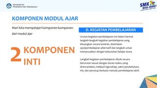 KOMPONEN MODUL AJAR
Mari kita mempelajari komponen-komponen
dari modul ajar
2KOMPONEN
INTI
Urutan kegiatan pembelajaran inti dalam bentuk
langkah-langkah kegiatan pembelajaran yang
dituangkan secara konkret, disertakan
opsi/pembelajaran alternatif dan langkah untuk
menyesuaikan dengan kebutuhan belajar siswa.
Langkah kegiatan pembelajaran ditulis secara
berurutan sesuai dengan durasi waktu yang
direncanakan, meliputi tiga tahap, yakni pendahuluan,
inti, dan penutup berbasis metode pembelajaran aktif.
D. KEGIATAN PEMBELAJARAN
 