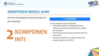 KOMPONEN MODUL AJAR
Mari kita mempelajari komponen-komponen
dari modul ajar
2KOMPONEN
INTI
Bentuk asesmen yang bisa dilakukan:
• Sikap (Profil Pelajar Pancasila) dapat berupa:
observasi, penilaian diri, penilaian teman sebaya,
dan anekdotal.
• Performa (presentasi, drama, pameran hasil karya,
jurnal, dsb.)
• Tertulis (tes objektif: essay, pilihan ganda, isian,
jawaban singkat, benar-salah).
E. ASESMEN
 