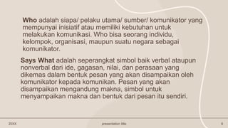20XX presentation title 6
Who adalah siapa/ pelaku utama/ sumber/ komunikator yang
mempunyai inisiatif atau memiliki kebutuhan untuk
melakukan komunikasi. Who bisa seorang individu,
kelompok, organisasi, maupun suatu negara sebagai
komunikator.
Says What adalah seperangkat simbol baik verbal ataupun
nonverbal dari ide, gagasan, nilai, dan perasaan yang
dikemas dalam bentuk pesan yang akan disampaikan oleh
komunikator kepada komunikan. Pesan yang akan
disampaikan mengandung makna, simbol untuk
menyampaikan makna dan bentuk dari pesan itu sendiri.
 