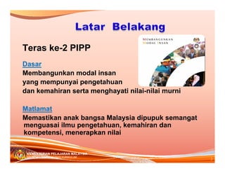 Teras ke-2 PIPP
Dasar
Membangunkan modal insan
yang mempunyai pengetahuan
dan kemahiran serta menghayati nilai-nilai murni

Matlamat
Memastikan anak bangsa Malaysia dipupuk semangat
menguasai ilmu pengetahuan, kemahiran dan
kompetensi, menerapkan nilai

 KEMENTERIAN PELAJARAN MALAYSIA
                                                   3
 BAHAGIAN PEMBANGUNAN KURIKULUM
 