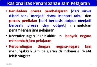 • Perubahan proses pembelajaran [dari siswa
diberi tahu menjadi siswa mencari tahu] dan
proses penilaian [dari berbasis output menjadi
berbasis proses dan output] memerlukan
penambahan jam pelajaran
• Kecenderungan akhir-akhir ini banyak negara
menambah jam pelajaran
• Perbandingan dengan negara-negara lain
menunjukkan jam pelajaran di Indonesia relatif
lebih singkat
Rasionalitas Penambahan Jam Pelajaran
9/14/2013 11
 