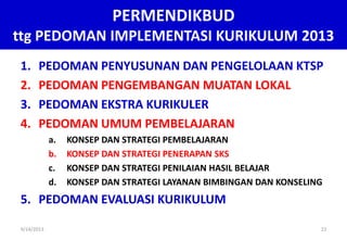 PERMENDIKBUD
ttg PEDOMAN IMPLEMENTASI KURIKULUM 2013
1. PEDOMAN PENYUSUNAN DAN PENGELOLAAN KTSP
2. PEDOMAN PENGEMBANGAN MUATAN LOKAL
3. PEDOMAN EKSTRA KURIKULER
4. PEDOMAN UMUM PEMBELAJARAN
a. KONSEP DAN STRATEGI PEMBELAJARAN
b. KONSEP DAN STRATEGI PENERAPAN SKS
c. KONSEP DAN STRATEGI PENILAIAN HASIL BELAJAR
d. KONSEP DAN STRATEGI LAYANAN BIMBINGAN DAN KONSELING
5. PEDOMAN EVALUASI KURIKULUM
9/14/2013 23
 