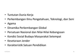 • Tuntutan Dunia Kerja
• Perkembangan Ilmu Pengetahuan, Teknologi, dan Seni
• Agama
• Dinamika Perkembangan Global
• Persatuan Nasional dan Nilai-Nilai Kebangsaan
• Kondisi Sosial Budaya Masyarakat Setempat
• Kesetaraan Jender
• Karakteristik Satuan Pendidikan
9/14/2013 26
 