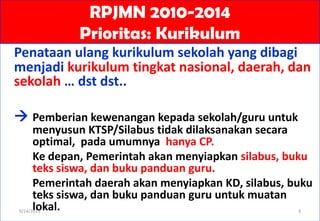 RPJMN 2010-2014
Prioritas: Kurikulum
Penataan ulang kurikulum sekolah yang dibagi
menjadi kurikulum tingkat nasional, daerah, dan
sekolah … dst dst..
 Pemberian kewenangan kepada sekolah/guru untuk
menyusun KTSP/Silabus tidak dilaksanakan secara
optimal, pada umumnya hanya CP.
Ke depan, Pemerintah akan menyiapkan silabus, buku
teks siswa, dan buku panduan guru.
Pemerintah daerah akan menyiapkan KD, silabus, buku
teks siswa, dan buku panduan guru untuk muatan
lokal.9/14/2013 6
 