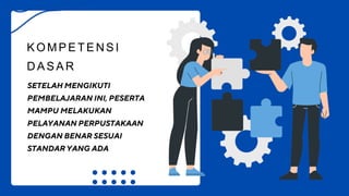KOMPETENSI
D A S A R
SETELAH MENGIKUTI
PEMBELAJARAN INI, PESERTA
MAMPU MELAKUKAN
PELAYANAN PERPUSTAKAAN
DENGAN BENAR SESUAI
STANDAR YANG ADA
 