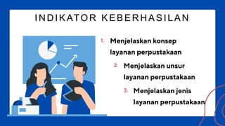 1.
2.
3.
Menjelaskan konsep
layanan perpustakaan
Menjelaskan unsur
layanan perpustakaan
Menjelaskan jenis
layanan perpustakaan
INDIKATOR KEBERHASILAN
 