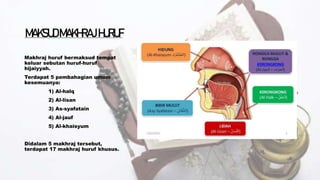 MAKSUDMAKHRAJHURUF
Makhraj huruf bermaksud tempat
keluar sebutan huruf-huruf
hijaiyyah.
Terdapat 5 pembahagian umum
kesemuanya:
1) Al-halq
2) Al-lisan
3) As-syafatain
4) Al-jauf
5) Al-khaisyum
Didalam 5 makhraj tersebut,
terdapat 17 makhraj huruf khusus.
 