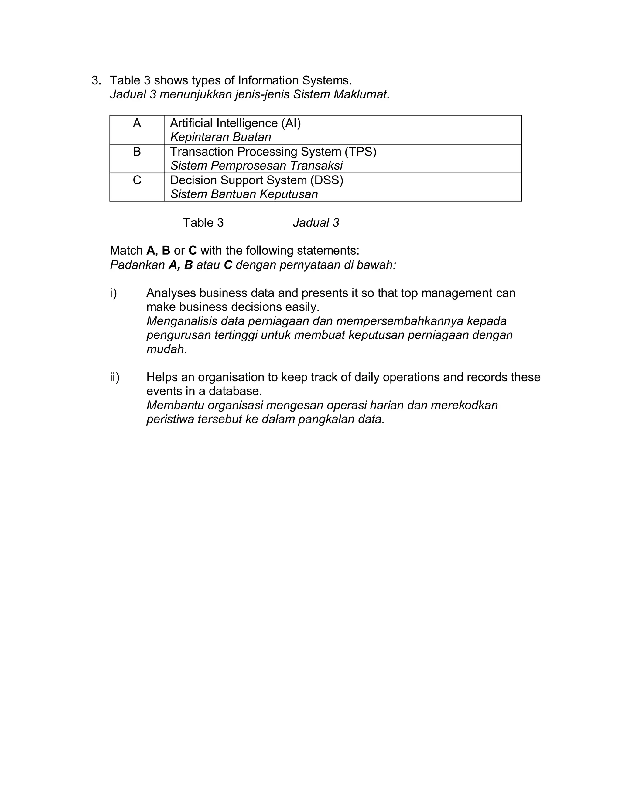 3. Table 3 shows types of Information Systems.
Jadual 3 menunjukkan jenis-jenis Sistem Maklumat.
A
B
C

Artificial Intelligence (AI)
Kepintaran Buatan
Transaction Processing System (TPS)
Sistem Pemprosesan Transaksi
Decision Support System (DSS)
Sistem Bantuan Keputusan
Table 3

Jadual 3

Match A, B or C with the following statements:
Padankan A, B atau C dengan pernyataan di bawah:
i)

Analyses business data and presents it so that top management can
make business decisions easily.
Menganalisis data perniagaan dan mempersembahkannya kepada
pengurusan tertinggi untuk membuat keputusan perniagaan dengan
mudah.

ii)

Helps an organisation to keep track of daily operations and records these
events in a database.
Membantu organisasi mengesan operasi harian dan merekodkan
peristiwa tersebut ke dalam pangkalan data.

 