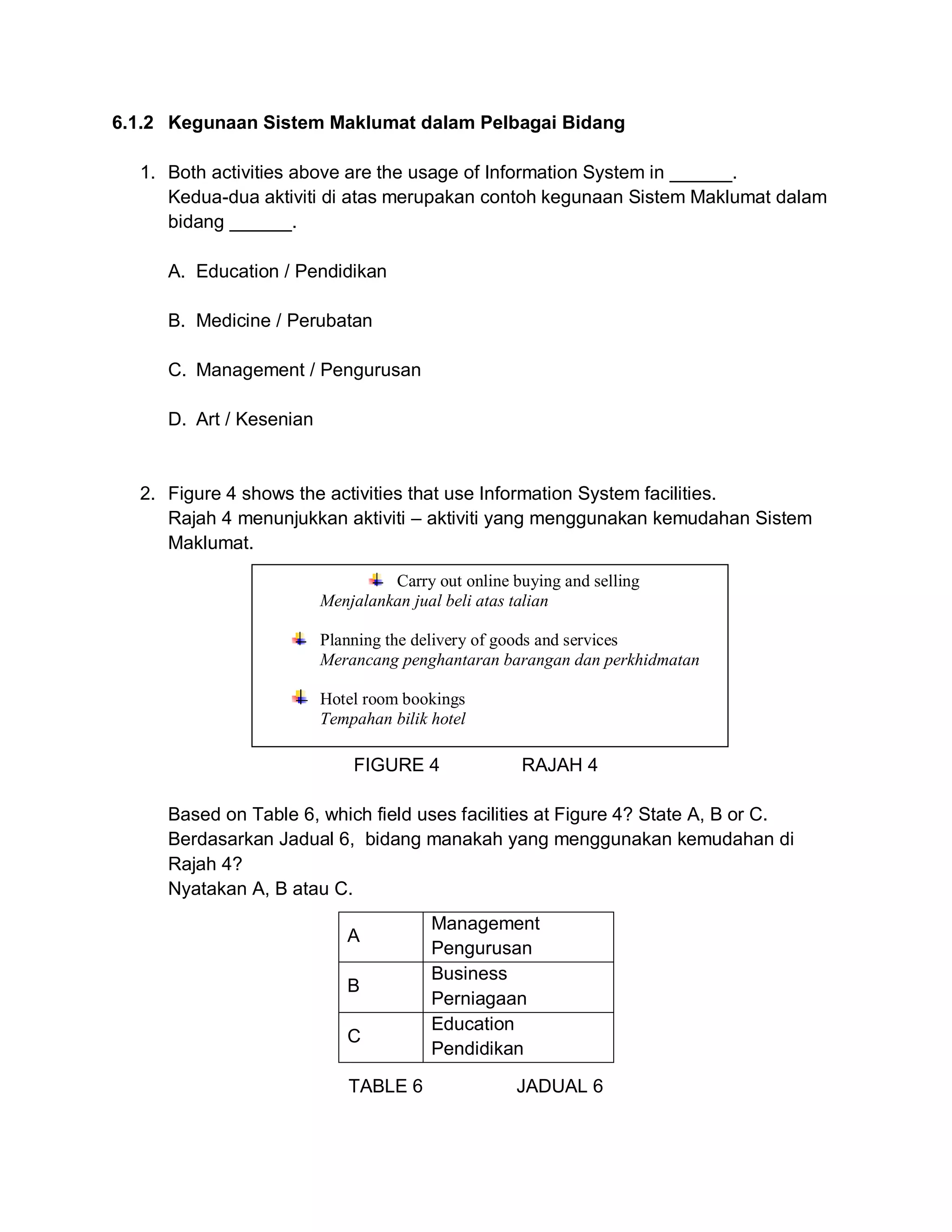 6.1.2 Kegunaan Sistem Maklumat dalam Pelbagai Bidang
1. Both activities above are the usage of Information System in ______.
Kedua-dua aktiviti di atas merupakan contoh kegunaan Sistem Maklumat dalam
bidang ______.
A. Education / Pendidikan
B. Medicine / Perubatan
C. Management / Pengurusan
D. Art / Kesenian

2. Figure 4 shows the activities that use Information System facilities.
Rajah 4 menunjukkan aktiviti – aktiviti yang menggunakan kemudahan Sistem
Maklumat.
Carry out online buying and selling
Menjalankan jual beli atas talian
Planning the delivery of goods and services
Merancang penghantaran barangan dan perkhidmatan
Hotel room bookings
Tempahan bilik hotel

FIGURE 4

RAJAH 4

Based on Table 6, which field uses facilities at Figure 4? State A, B or C.
Berdasarkan Jadual 6, bidang manakah yang menggunakan kemudahan di
Rajah 4?
Nyatakan A, B atau C.
A
B
C
TABLE 6

Management
Pengurusan
Business
Perniagaan
Education
Pendidikan
JADUAL 6

 