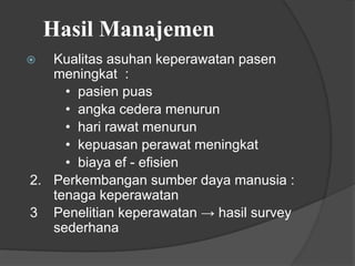 Hasil Manajemen
⦿ Kualitas asuhan keperawatan pasen
meningkat :
• pasien puas
• angka cedera menurun
• hari rawat menurun
• kepuasan perawat meningkat
• biaya ef - efisien
2. Perkembangan sumber daya manusia :
tenaga keperawatan
3 Penelitian keperawatan → hasil survey
sederhana
 