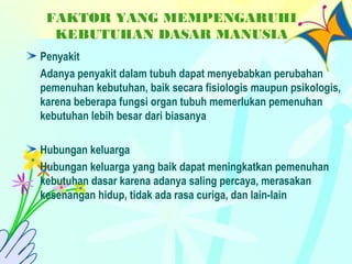 FAKTOR YANG MEMPENGARUHI
KEBUTUHAN DASAR MANUSIA
Penyakit
Adanya penyakit dalam tubuh dapat menyebabkan perubahan
pemenuhan kebutuhan, baik secara fisiologis maupun psikologis,
karena beberapa fungsi organ tubuh memerlukan pemenuhan
kebutuhan lebih besar dari biasanya
Hubungan keluarga
Hubungan keluarga yang baik dapat meningkatkan pemenuhan
kebutuhan dasar karena adanya saling percaya, merasakan
kesenangan hidup, tidak ada rasa curiga, dan lain-lain
 