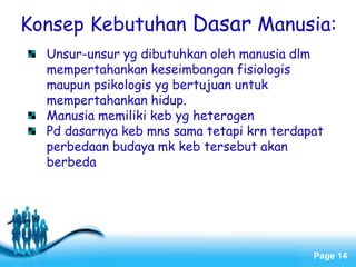 Page 14
Konsep Kebutuhan Dasar Manusia:
Unsur-unsur yg dibutuhkan oleh manusia dlm
mempertahankan keseimbangan fisiologis
maupun psikologis yg bertujuan untuk
mempertahankan hidup.
Manusia memiliki keb yg heterogen
Pd dasarnya keb mns sama tetapi krn terdapat
perbedaan budaya mk keb tersebut akan
berbeda
 