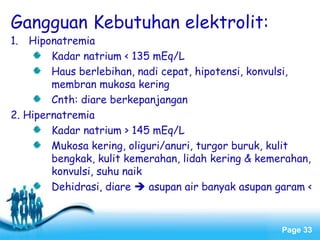 Page 33
Gangguan Kebutuhan elektrolit:
1. Hiponatremia
Kadar natrium < 135 mEq/L
Haus berlebihan, nadi cepat, hipotensi, konvulsi,
membran mukosa kering
Cnth: diare berkepanjangan
2. Hipernatremia
Kadar natrium > 145 mEq/L
Mukosa kering, oliguri/anuri, turgor buruk, kulit
bengkak, kulit kemerahan, lidah kering & kemerahan,
konvulsi, suhu naik
Dehidrasi, diare  asupan air banyak asupan garam <
 