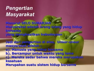 Powerpoint   Templates Pengertian Masyarakat Menurut SELO SUMARJAN Masyarakat adalah orang orang yang hidup bersama  yang menghasilkan kebudayaan  Jadi dari pengertian di atas,  Unsur-unsur  masyarakat adalah : a). Manusia yang hidup bersama b). Bercampur untuk waktu yang lama c). Mereka sadar bahwa mereka merupakan kesatuan Merupakan suatu sistem hidup bersama 