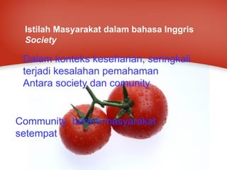 Powerpoint   Templates Istilah Masyarakat dalam bahasa Inggris   Society Dalam konteks keseharian, seringkali terjadi kesalahan pemahaman Antara society dan comunity Community  berarti masyarakat setempat 