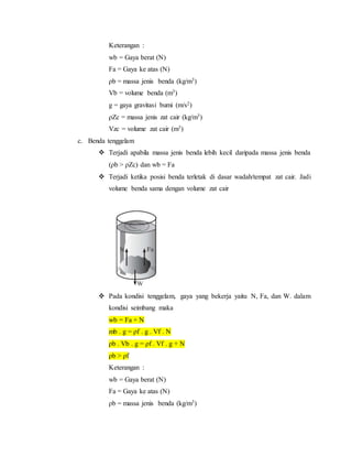 Keterangan :
wb = Gaya berat (N)
Fa = Gaya ke atas (N)
ρb = massa jenis benda (kg/m3)
Vb = volume benda (m3)
g = gaya gravitasi bumi (m/s2)
ρZc = massa jenis zat cair (kg/m3)
Vzc = volume zat cair (m3)
c. Benda tenggelam
 Terjadi apabila massa jenis benda lebih kecil daripada massa jenis benda
(ρb > ρZc) dan wb = Fa
 Terjadi ketika posisi benda terletak di dasar wadah/tempat zat cair. Jadi
volume benda sama dengan volume zat cair
 Pada kondisi tenggelam, gaya yang bekerja yaitu N, Fa, dan W. dalam
kondisi seimbang maka
wb = Fa + N
mb . g = ρf . g . Vf . N
ρb . Vb . g = ρf . Vf . g + N
ρb > ρf
Keterangan :
wb = Gaya berat (N)
Fa = Gaya ke atas (N)
ρb = massa jenis benda (kg/m3)
 